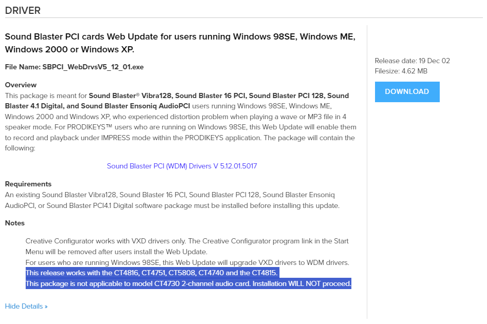 This release works with the CT4816, CT4751, CT5808, CT4740 and the CT4815. This package is not applicable to model CT4730 2-channel audio card. Installation WILL NOT proceed.